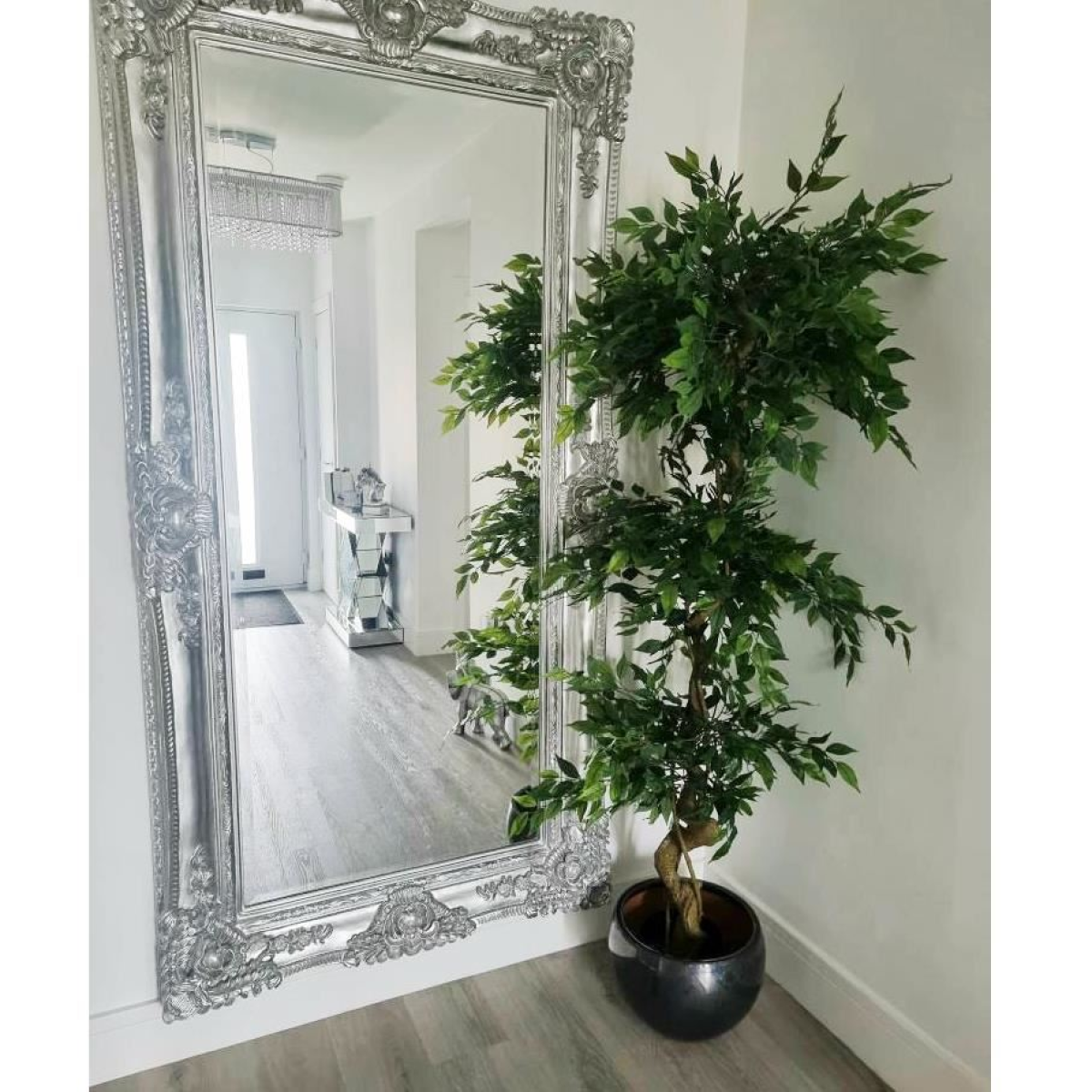 180cm Large Artificial Ficus Tree – Twisted Trunk Fruticosa Style 3 Tier Design with Silver Metal Planter