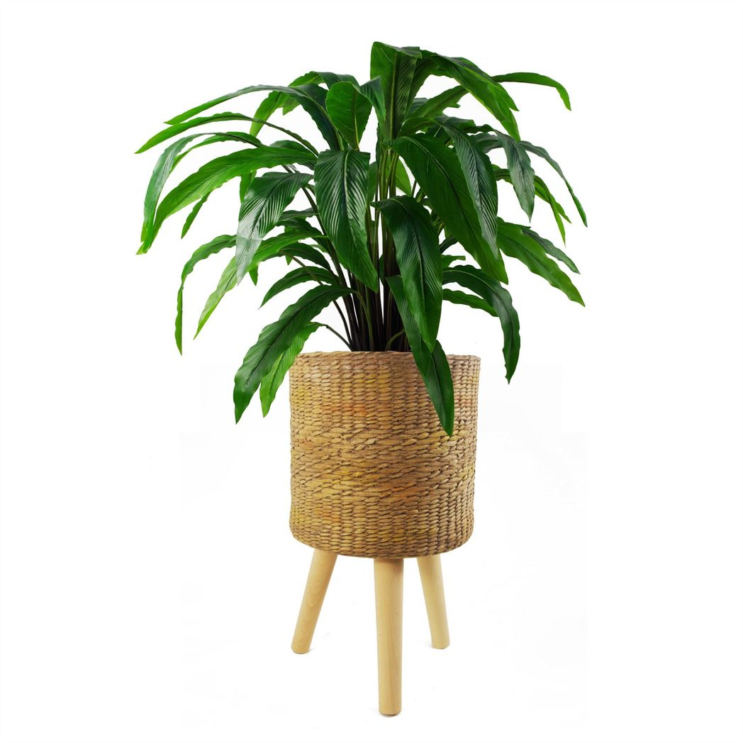 54cm x 30cm Large Rattan Effect Composite Planter with Wooden Legs – Indoor Plant Stand
