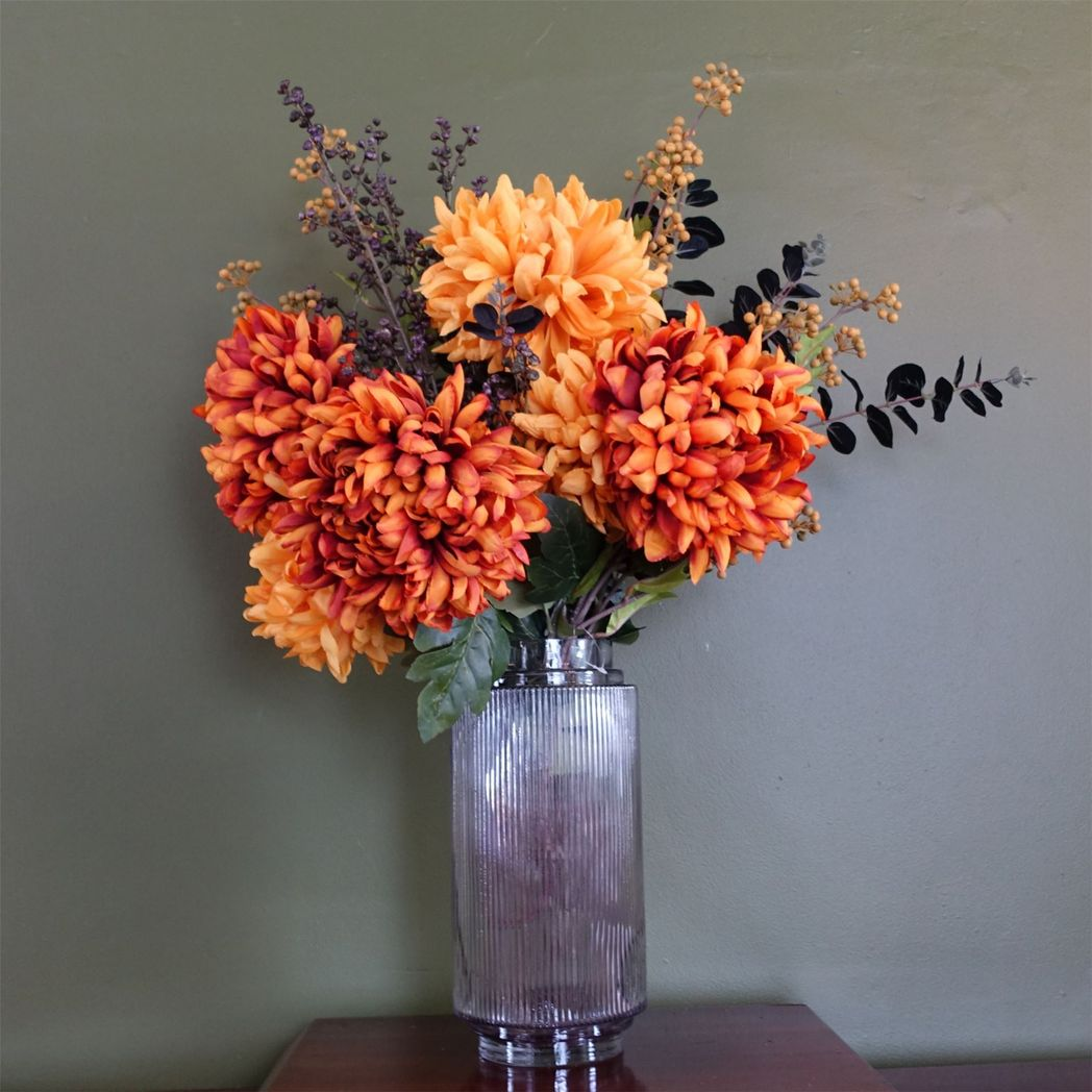 31cm Medium Clear Ridged Glass Vase – Textured Round Vase for Flowers