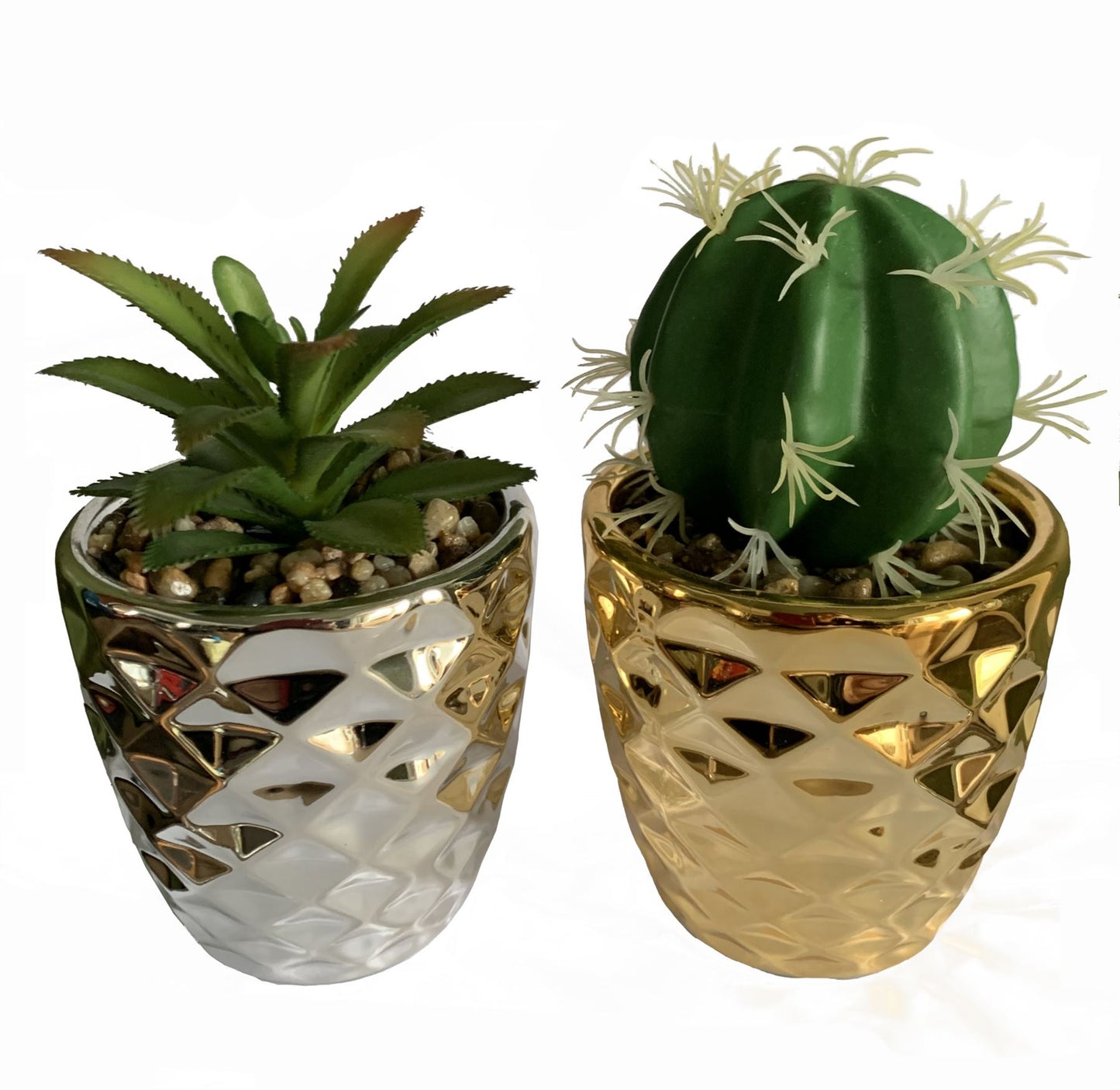2 x 15cm Small Artificial Dracaena & Cactus Plant Set with Silver & Gold Ceramic Planters
