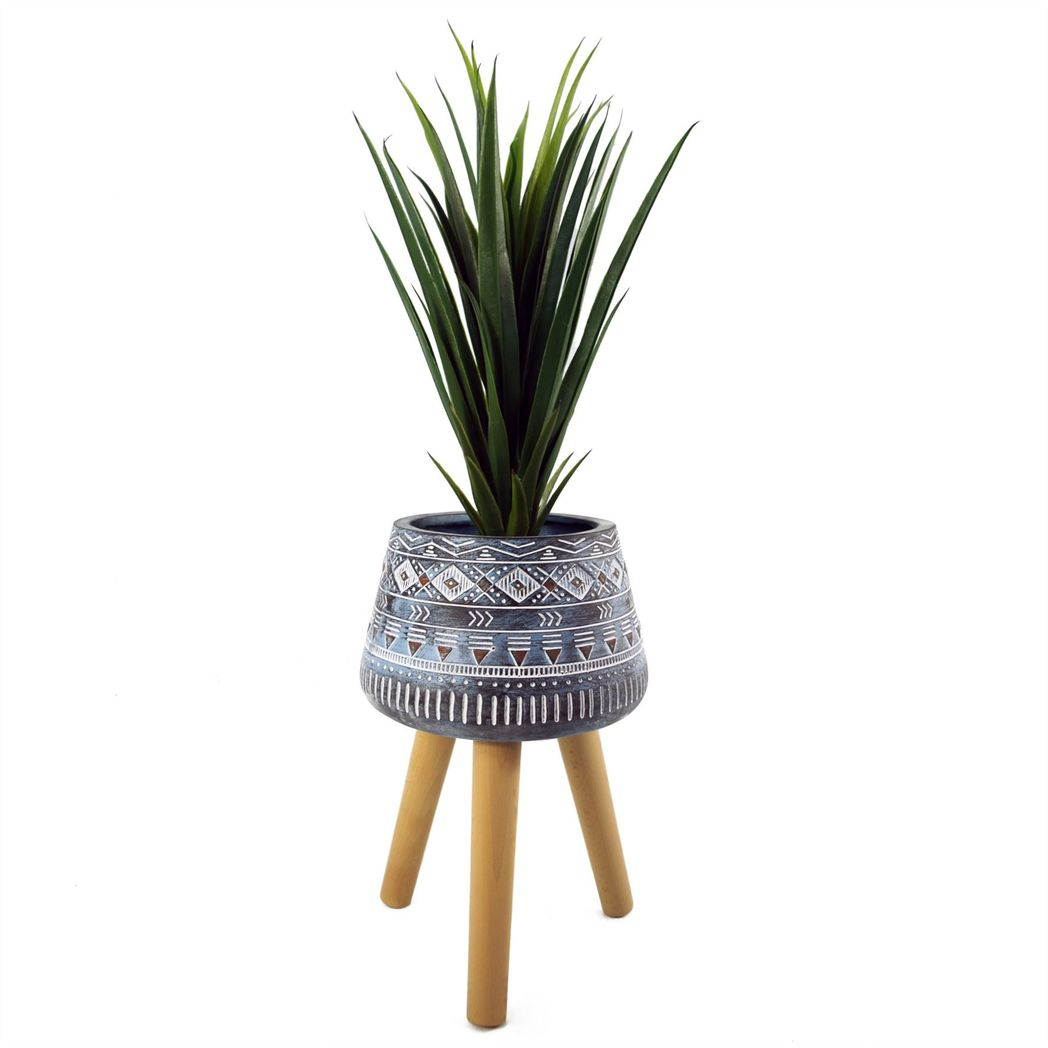44cm x 26cm Large Aztec Blue Composite Planter with Wooden Legs – Indoor Plant Stand
