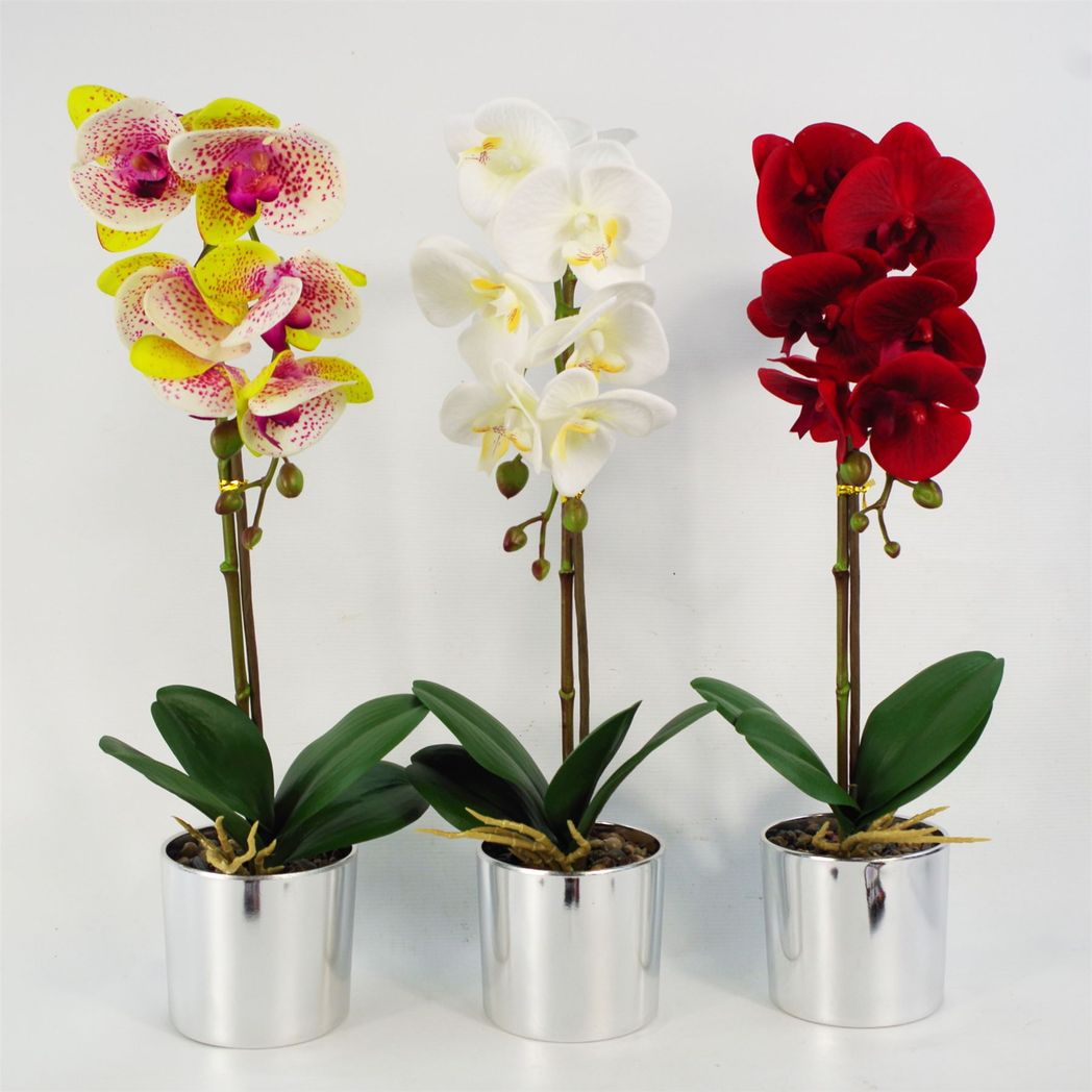 46cm Small White Faux Orchid in Silver Pot – Realistic Orchid Plant
