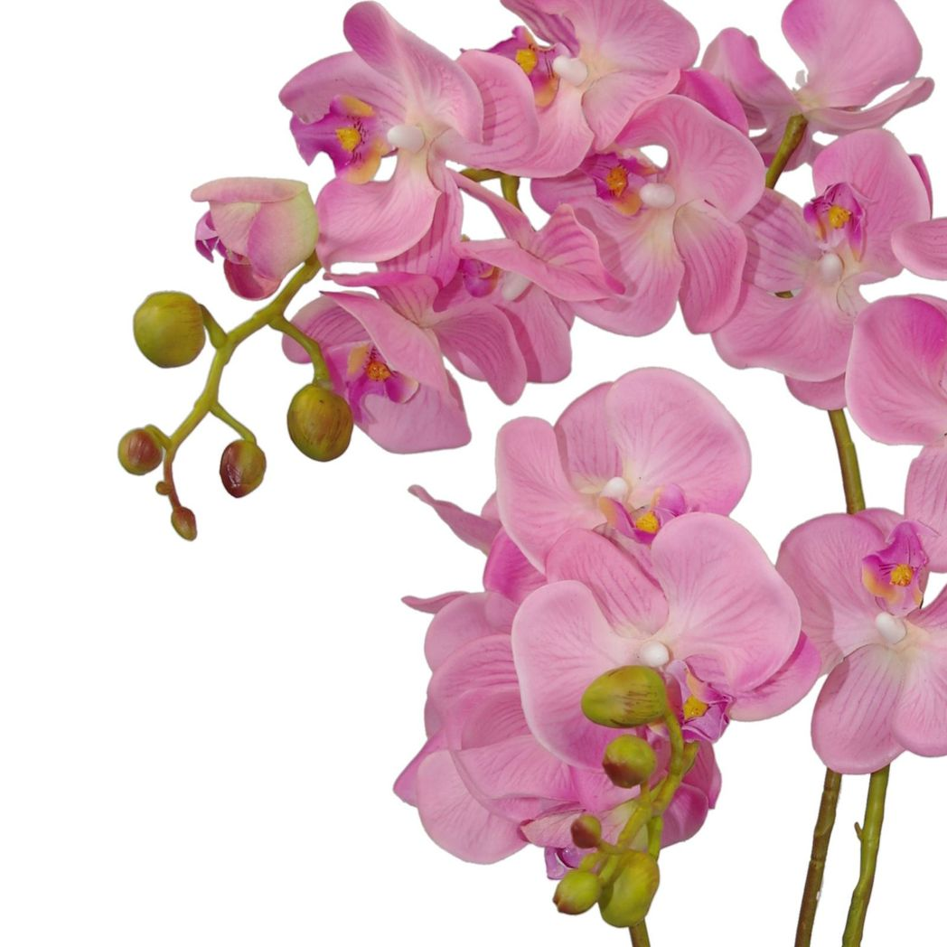 70cm Medium Artificial Pink Orchid Display in Large Gold Curved-Edge Metal Planter - Faux Orchid Arrangement