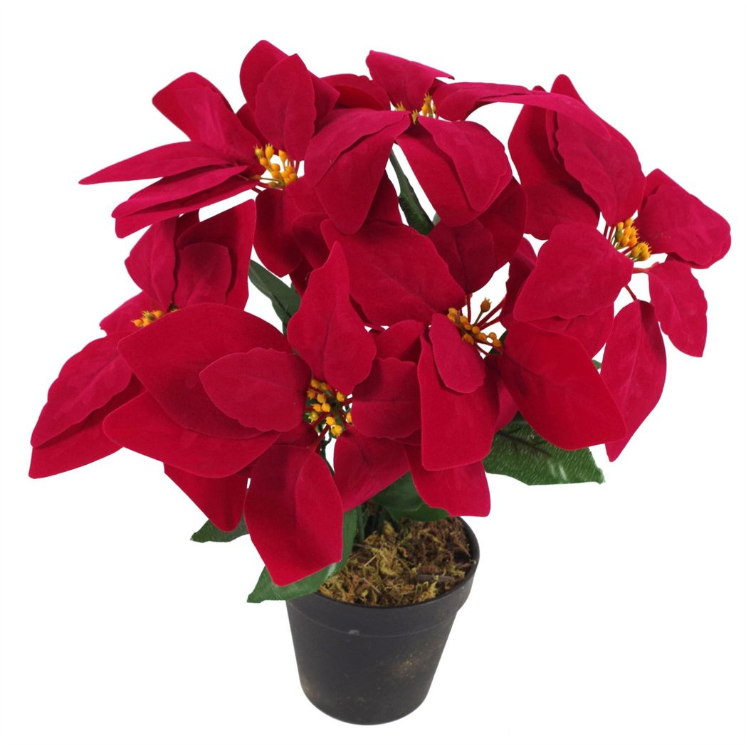 40cm Small Artificial Red Poinsettia in Medium Copper Curved-Edge Metal Planter – Faux Christmas Flower