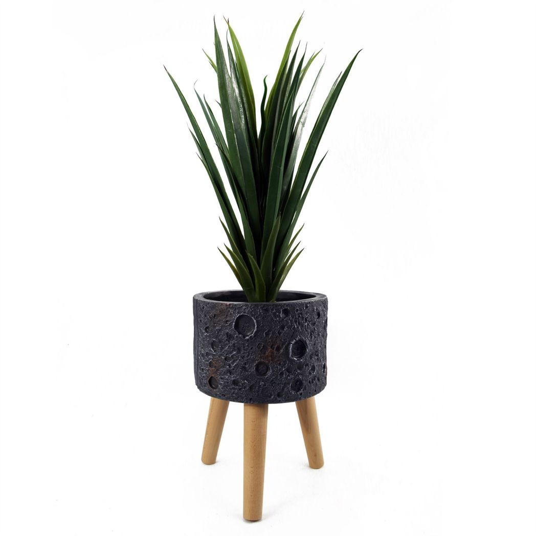 35cm x 24cm Large Lunar Black Composite Planter with Wooden Legs – Indoor Plant Stand