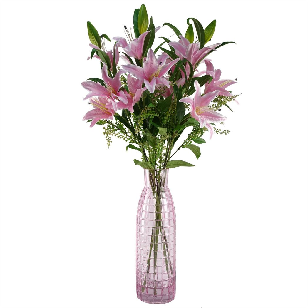 49cm Extra Large Pink Square Glass Round Vase – Tall Textured Bud Vase for Real or Artificial Flowers