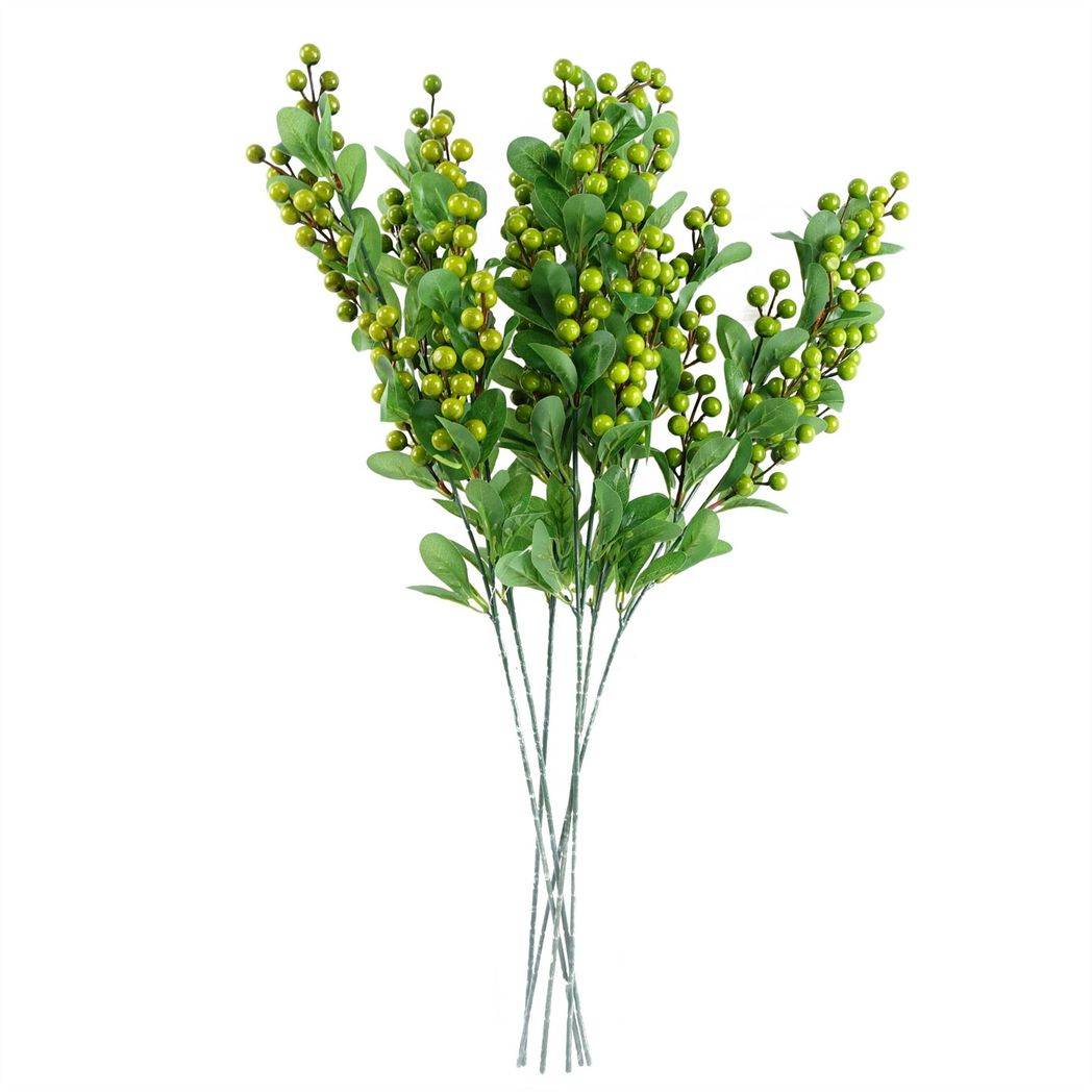 6 x 70cm Artificial Green Berry Sprays – Faux Berry Stem Set