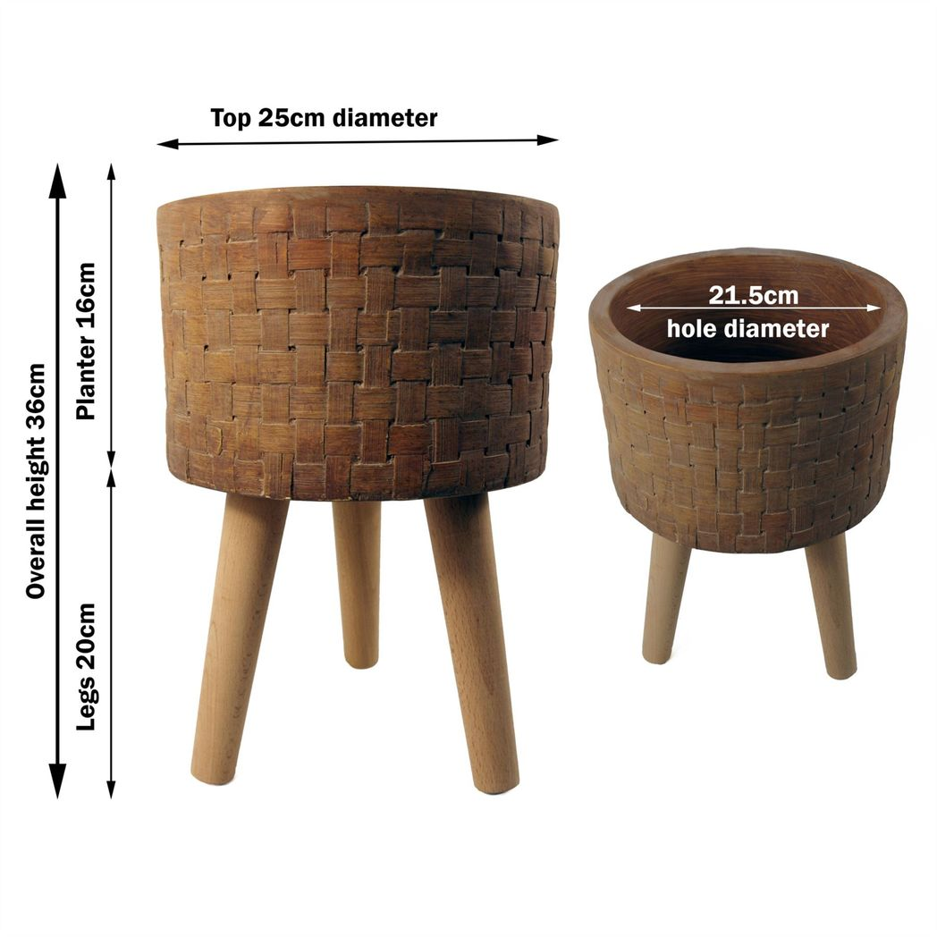 36cm x 25cm Large Tight Weave Effect Composite Planter with Wooden Legs – Indoor Plant Stand