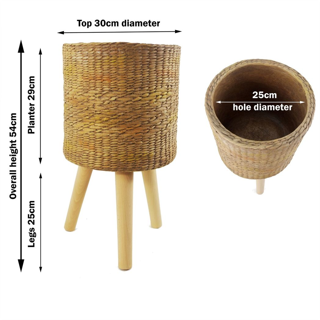 54cm x 30cm Large Rattan Effect Composite Planter with Wooden Legs – Indoor Plant Stand