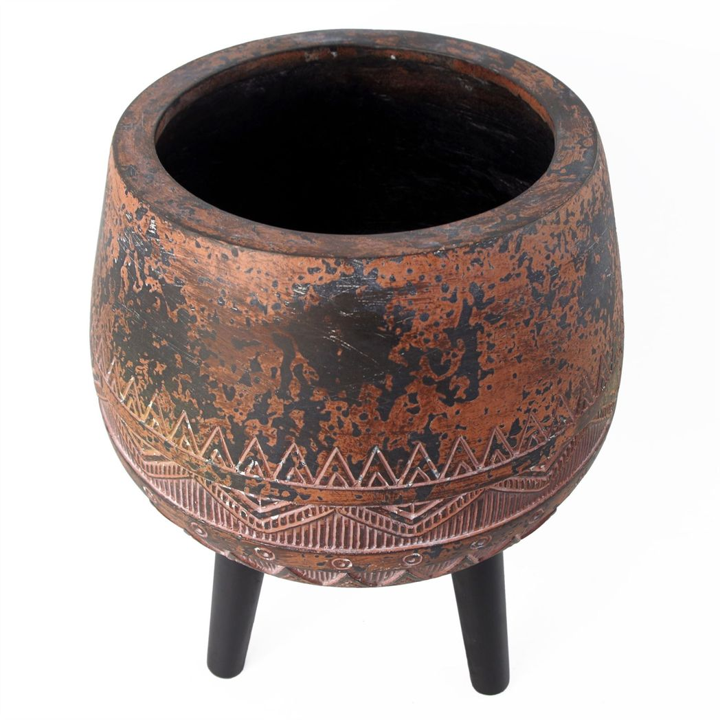 44cm x 30cm Large Zaturn Brown & Black Composite Planter with Wooden Legs – Indoor Plant Stand