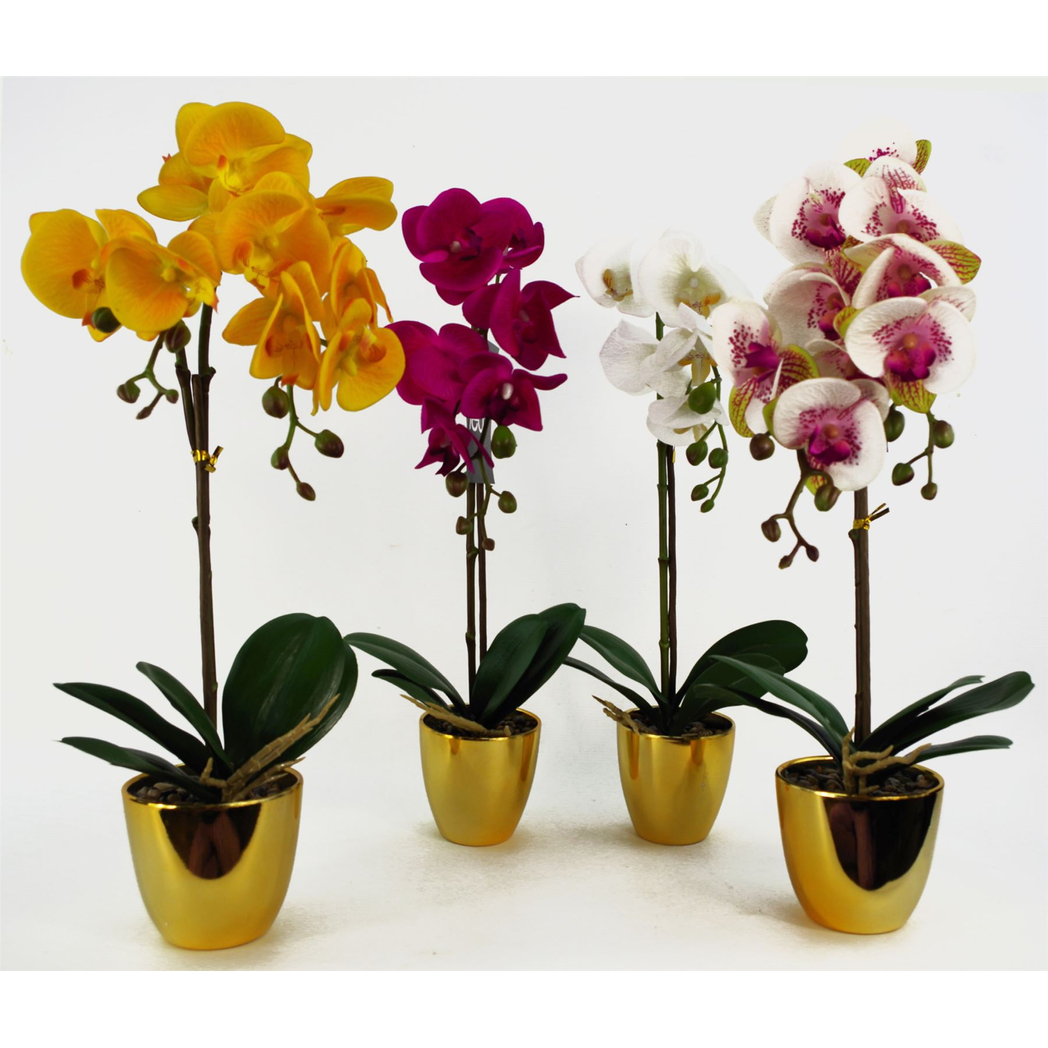 46cm Small White Artificial Orchid in Gold Pot – Faux Orchid Plant