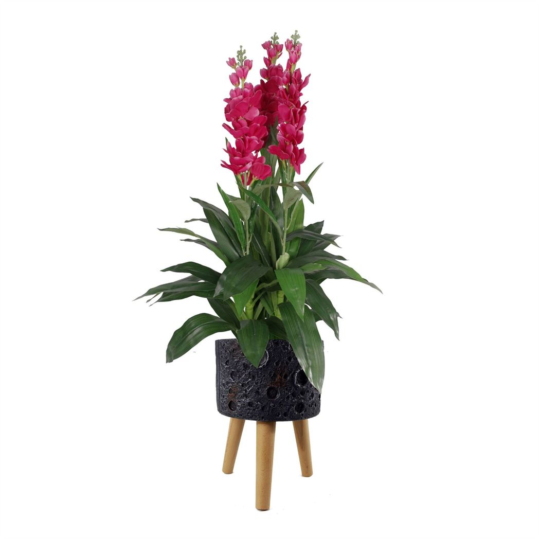 35cm x 24cm Large Lunar Black Composite Planter with Wooden Legs – Indoor Plant Stand