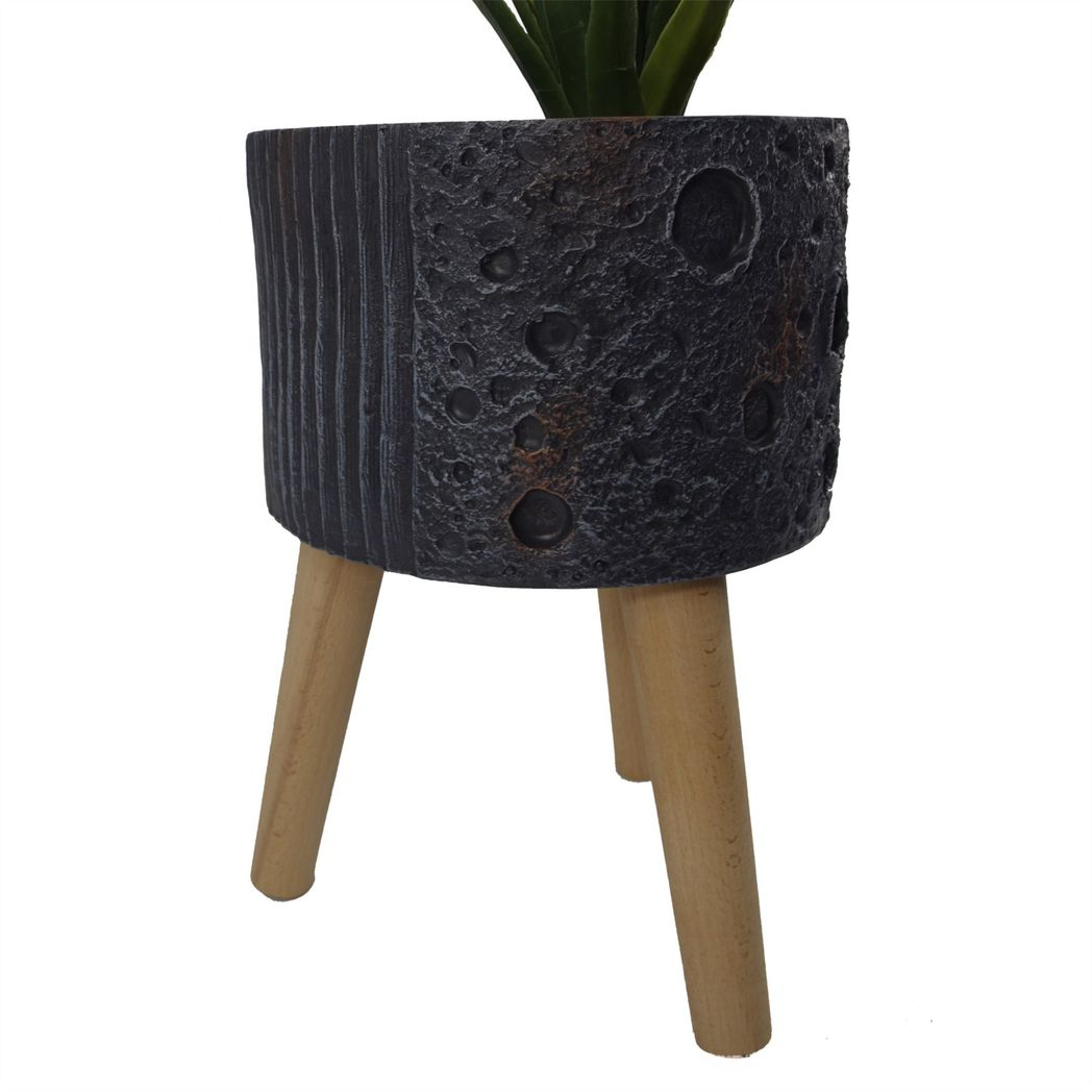 35cm x 24cm Large Lunar Black Composite Planter with Wooden Legs – Indoor Plant Stand