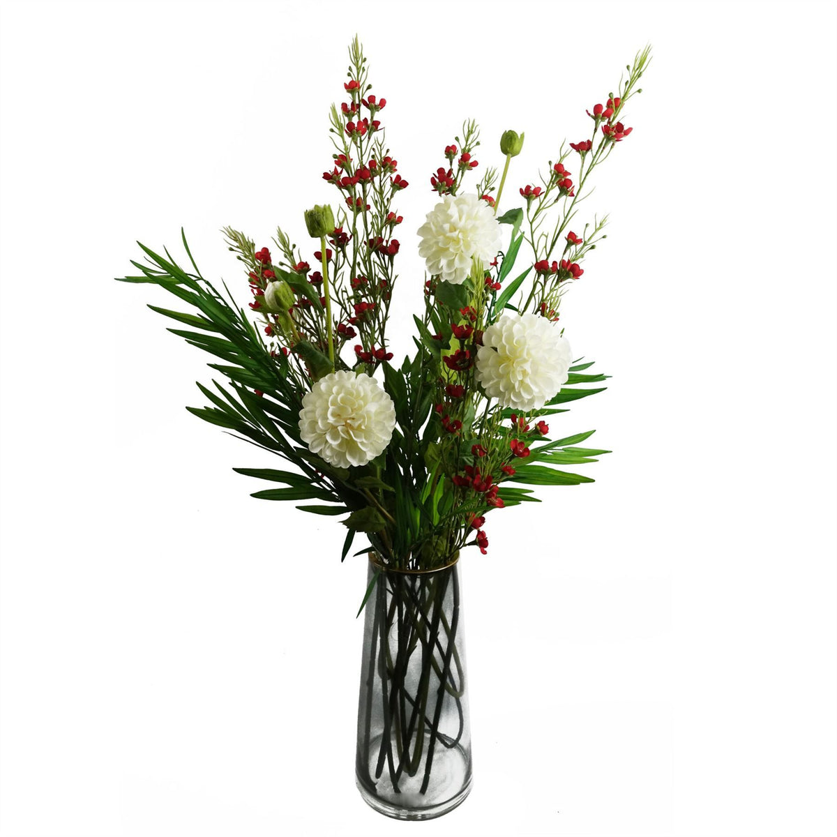 100cm Large Artificial Foliage with Small Red Flowers - Realistic Faux Flower Stem