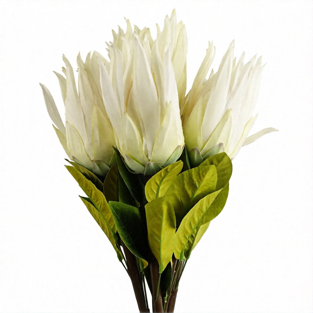 6 x 65cm Medium Artificial White Protea Flowers – Realistic Faux Sugarbush Stems
