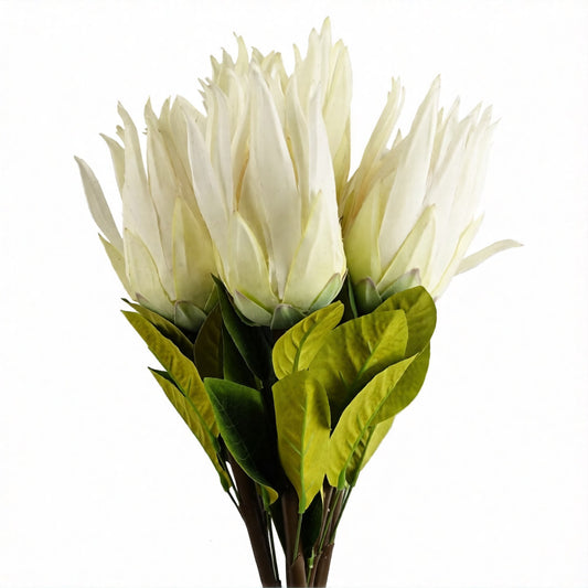 6 x 65cm Medium Artificial White Protea Flowers – Realistic Faux Sugarbush Stems