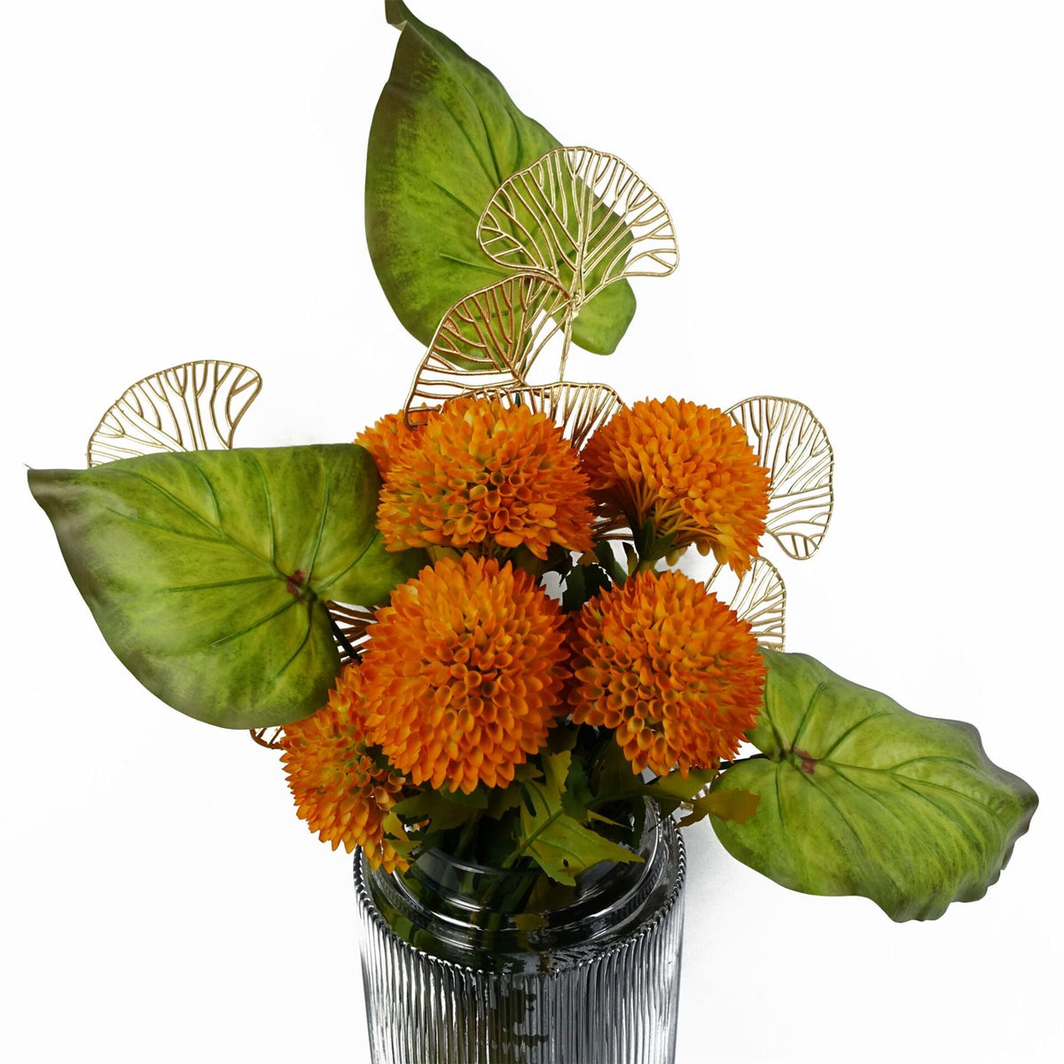 6 x 65cm Medium Artificial Gold Leaves Flower Arrangement – Realistic Faux Foliage Stems