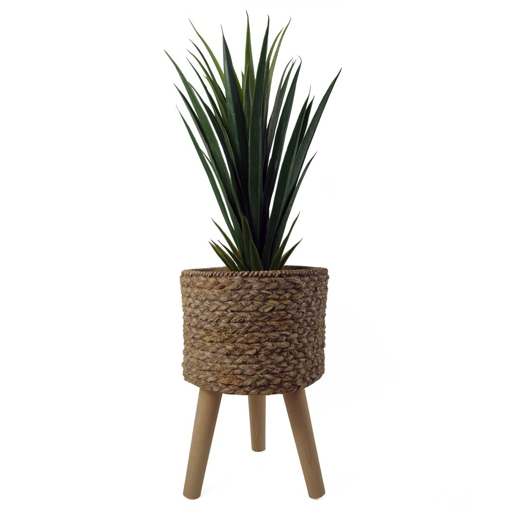 39cm x 26cm Large Chunky Weave Effect Composite Planter with Wooden Legs – Indoor Plant Stand