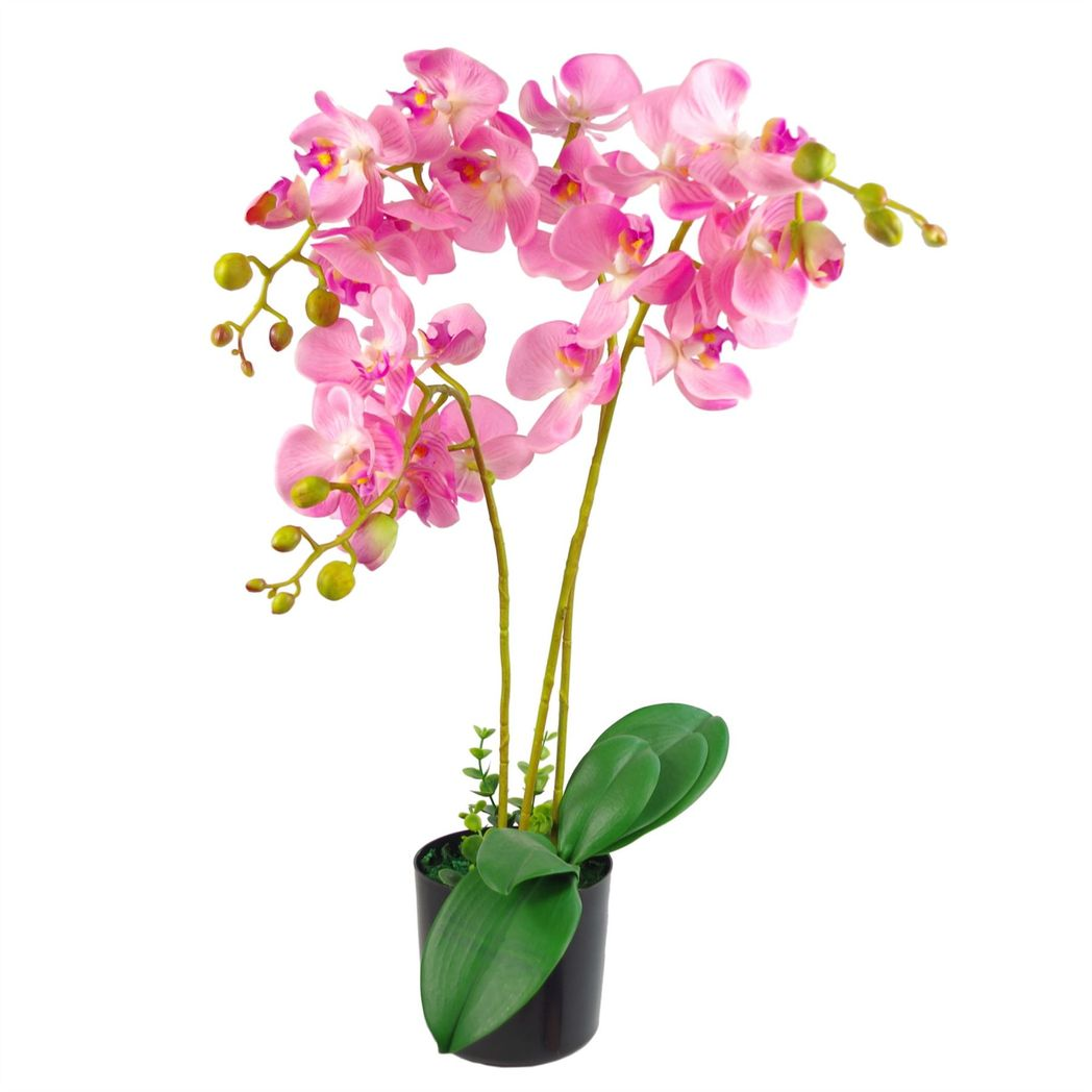 70cm Medium Artificial Pink Orchid Display in Large Gold Curved-Edge Metal Planter - Faux Orchid Arrangement