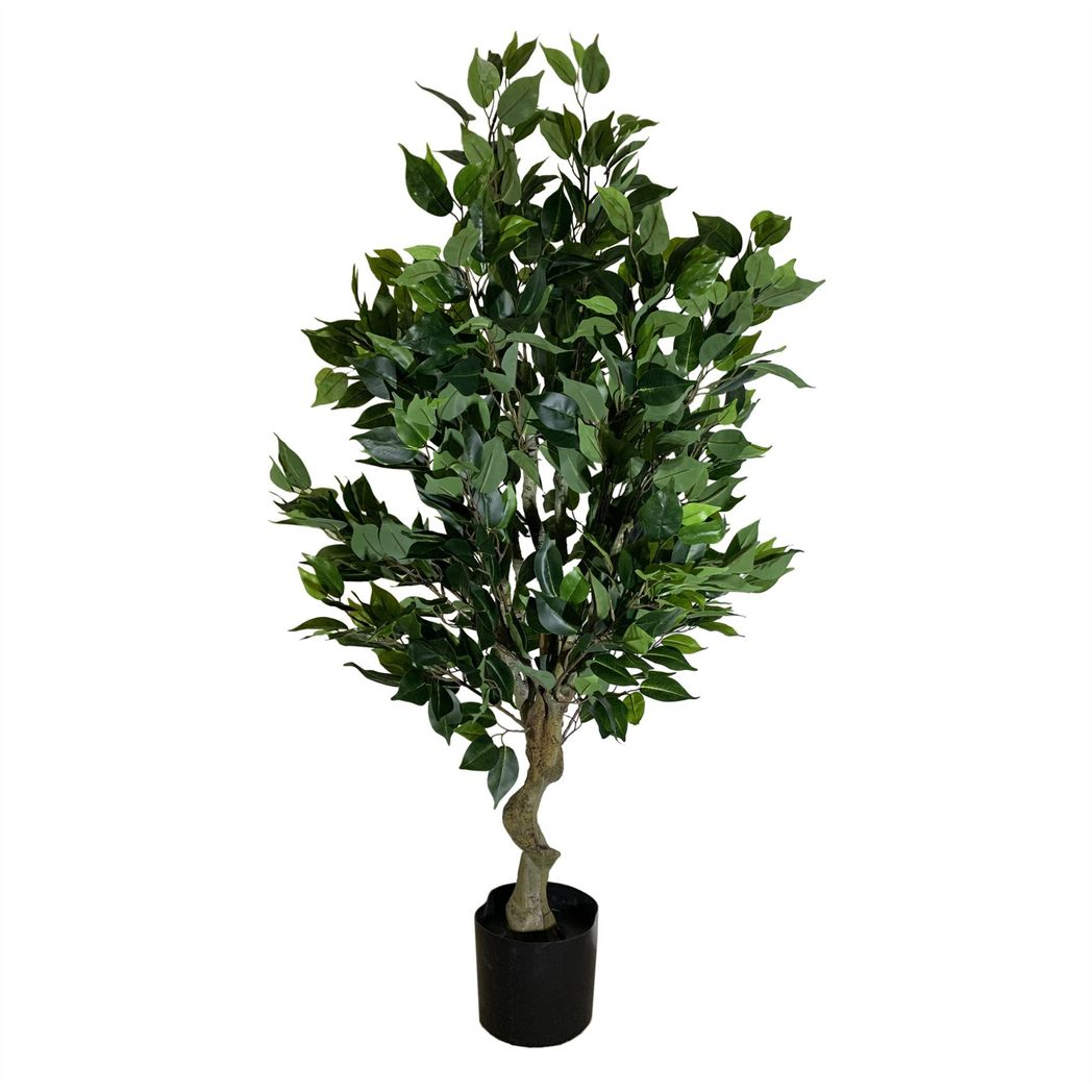 110cm Medium Artificial Evergreen Ficus Tree with Curved Gold Planter – Realistic Faux Indoor Tree