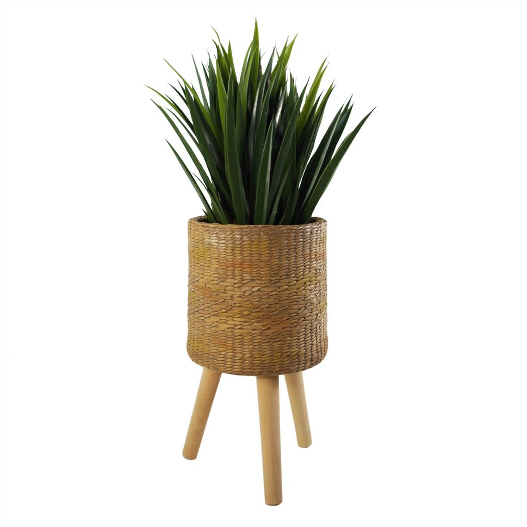 54cm x 30cm Large Rattan Effect Composite Planter with Wooden Legs – Indoor Plant Stand
