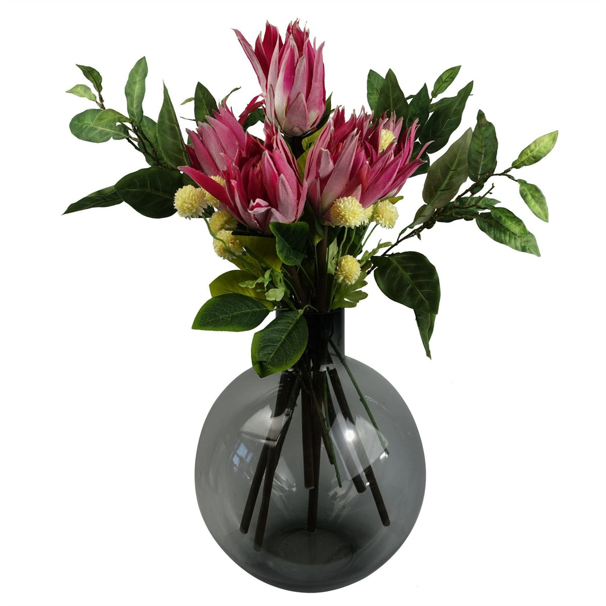 6 x 65cm Medium Artificial Pink Protea Flowers – Realistic Faux Sugarbush Stems