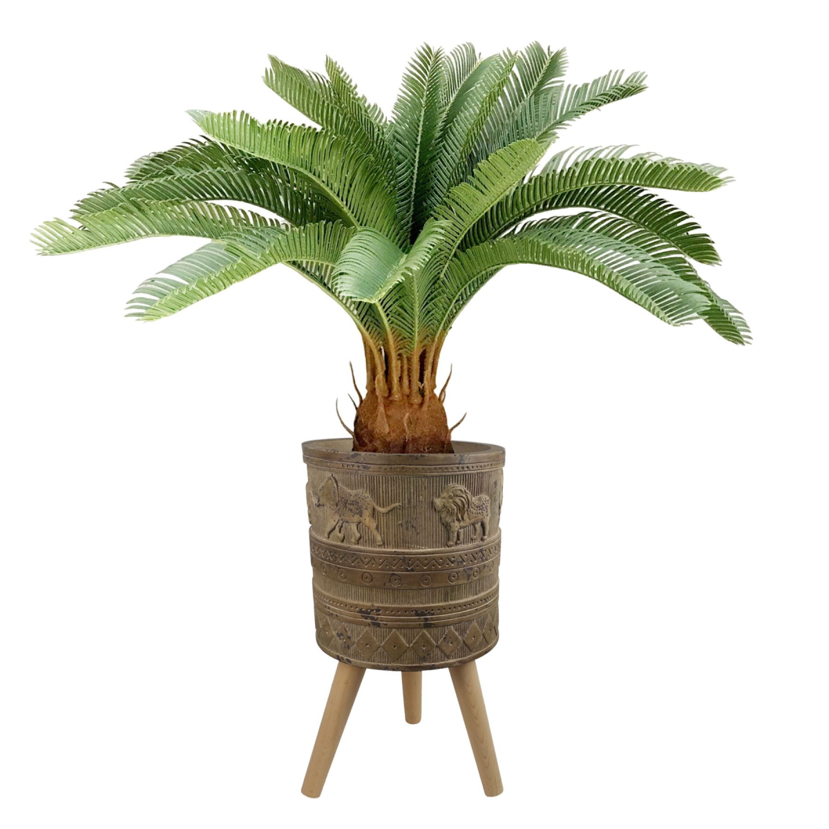 55cm x 29cm Large Jungle Composite Planter with Wooden Legs – Embossed Lion & Elephant