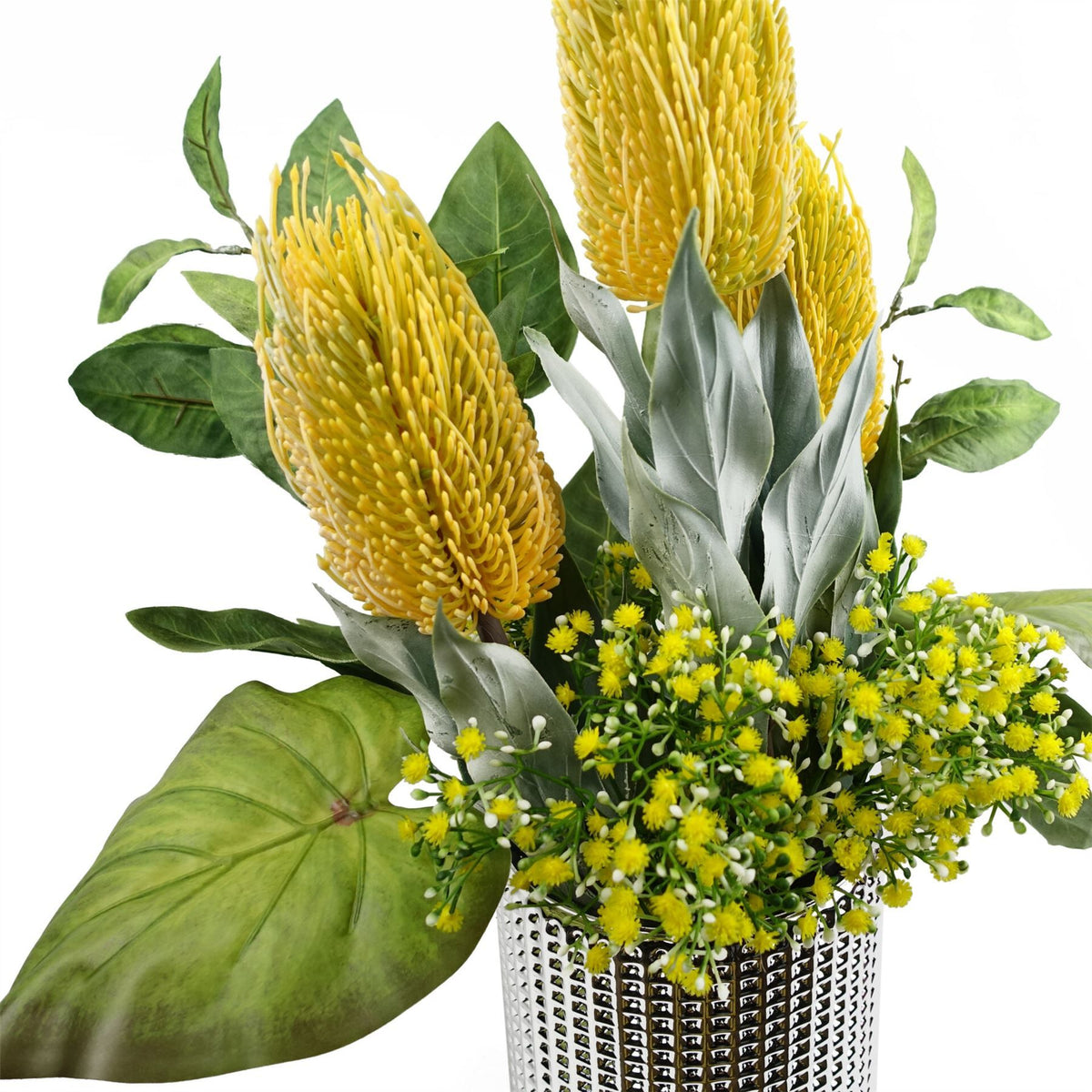 6 x 75cm Medium Artificial Yellow Banksia Flowers – Realistic Faux Stems