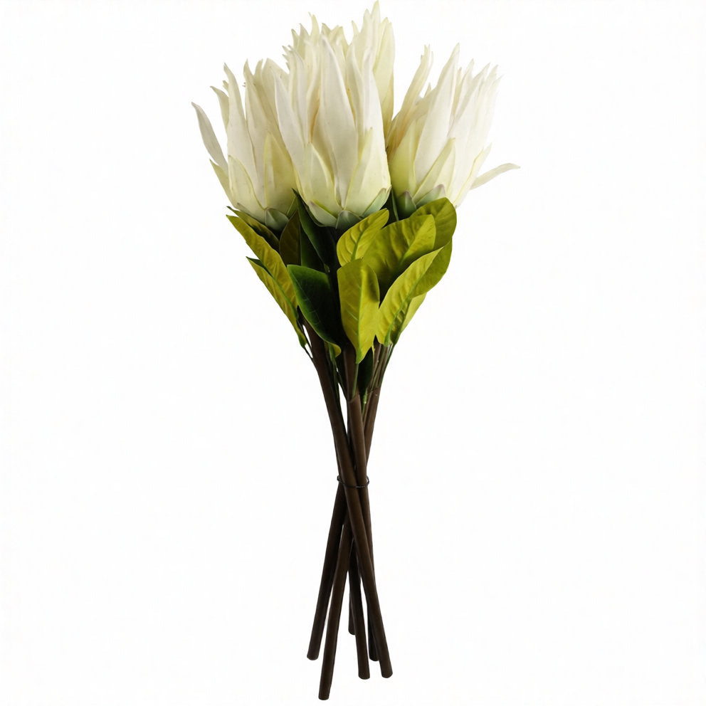 6 x 65cm Medium Artificial White Protea Flowers – Realistic Faux Sugarbush Stems