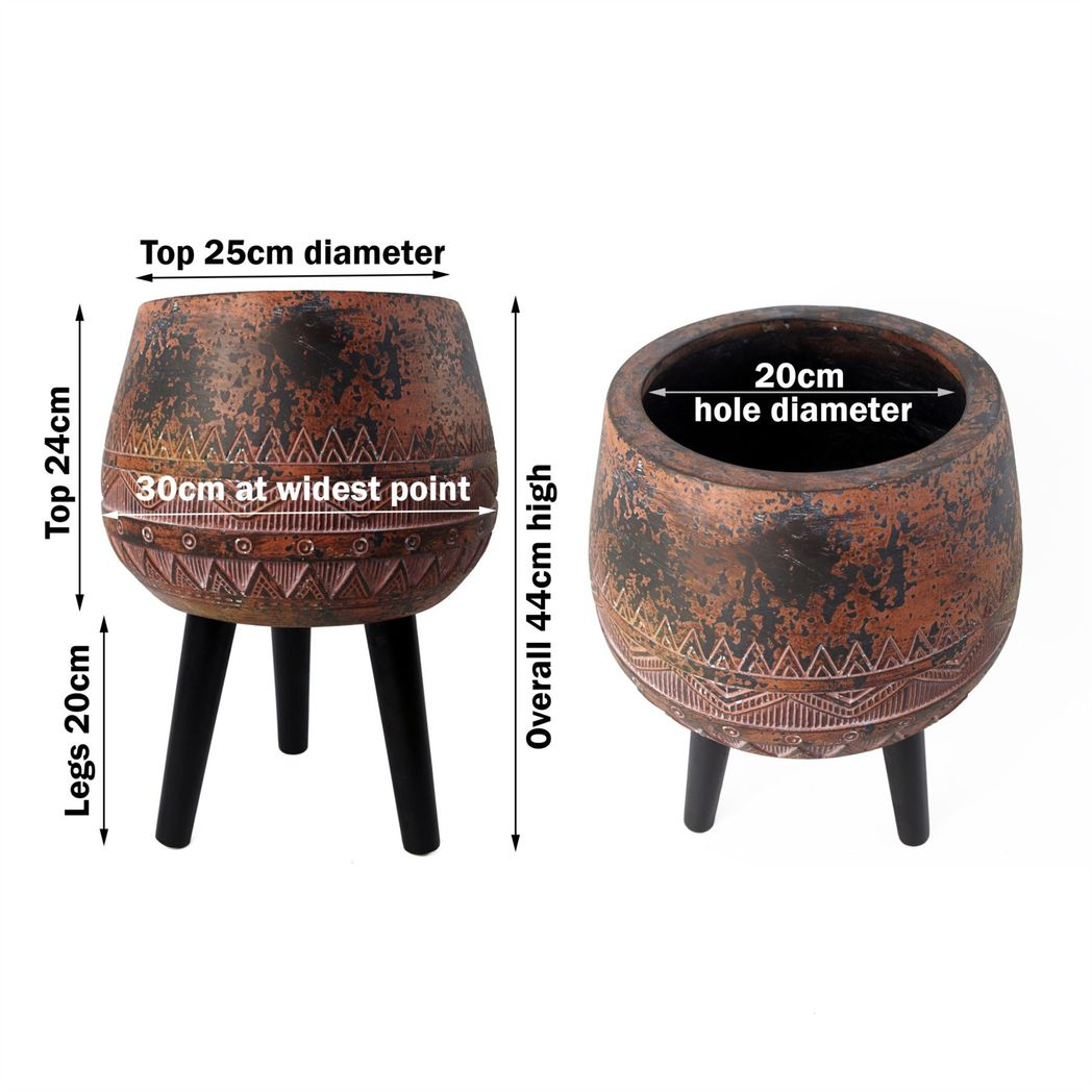44cm x 30cm Large Zaturn Brown & Black Composite Planter with Wooden Legs – Indoor Plant Stand