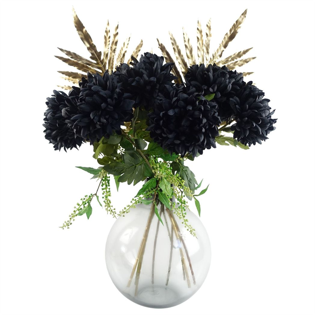 6 x 75cm Medium Artificial Black Chrysanthemum Stems – Realistic Reflex Flower Set