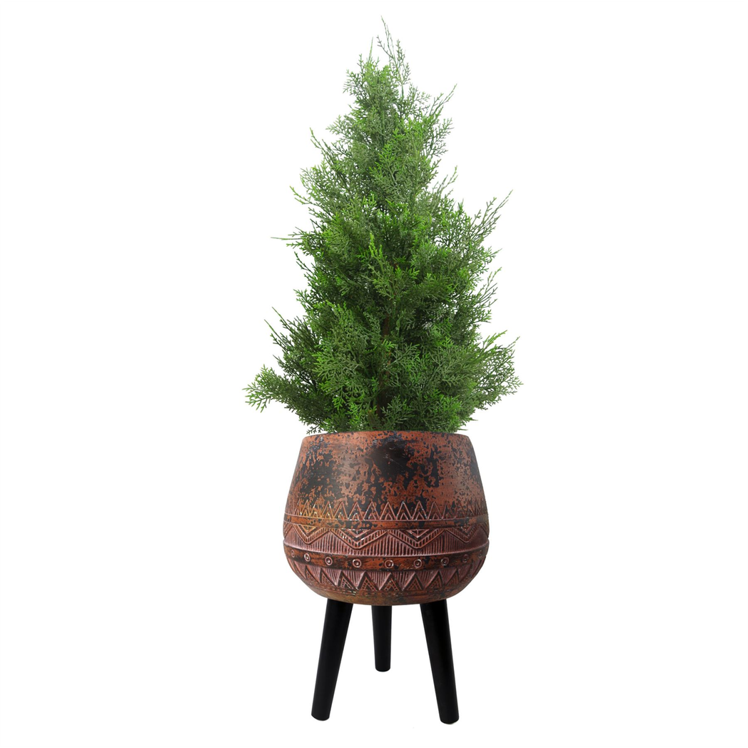 44cm x 30cm Large Zaturn Brown & Black Composite Planter with Wooden Legs – Indoor Plant Stand