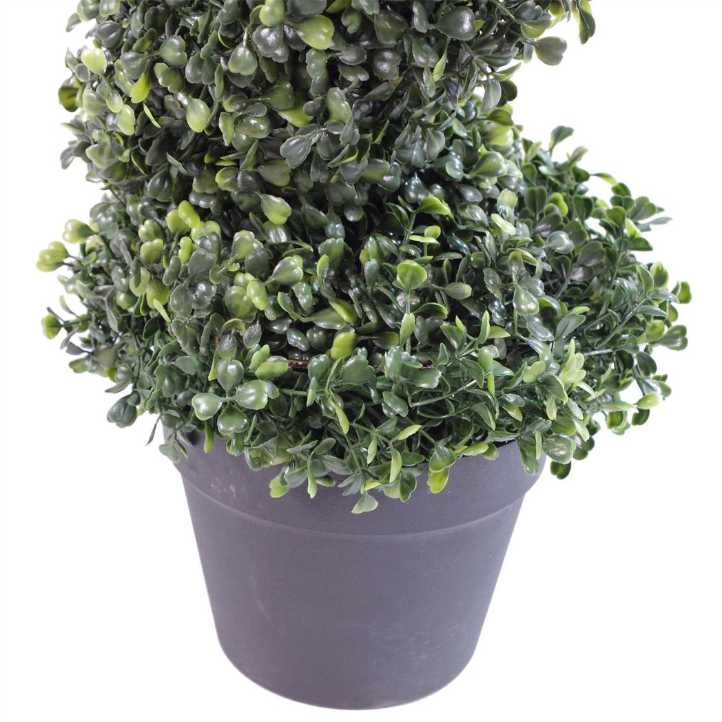 Pair of 90cm Small Artificial Boxwood Spiral Topiary Trees with Decorative Metal Tops – Indoors & Outdoors