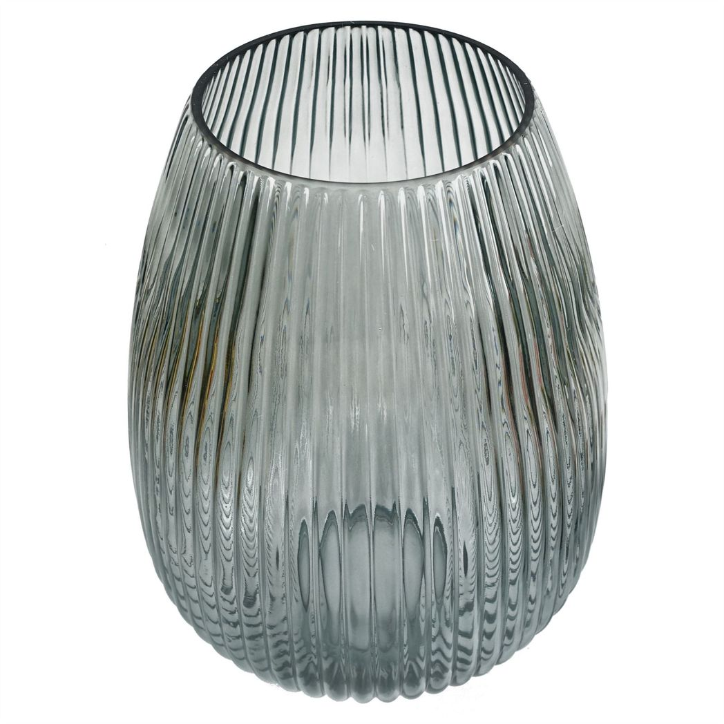 30cm Medium Smoke Grey Ridged Glass Vase – Textured Decorative Glass Vase