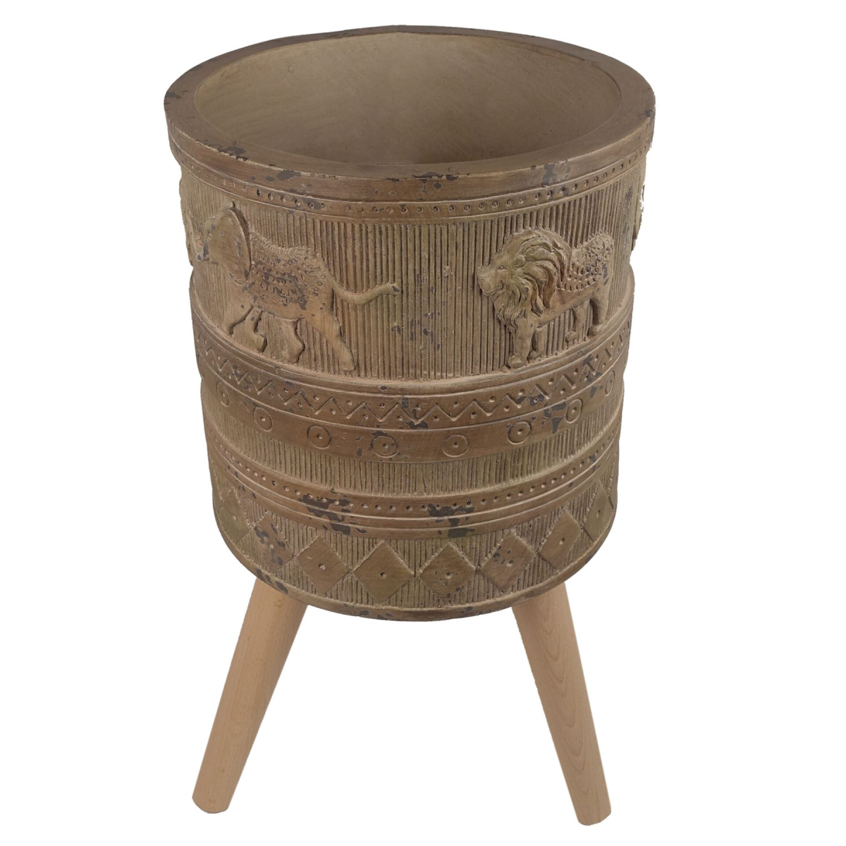 55cm x 29cm Large Jungle Composite Planter with Wooden Legs – Embossed Lion & Elephant