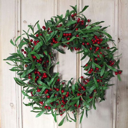60cm Large Artificial Christmas Mistletoe Leaf and Red Berry Wreath – Luxury Faux Holiday Door Wreath