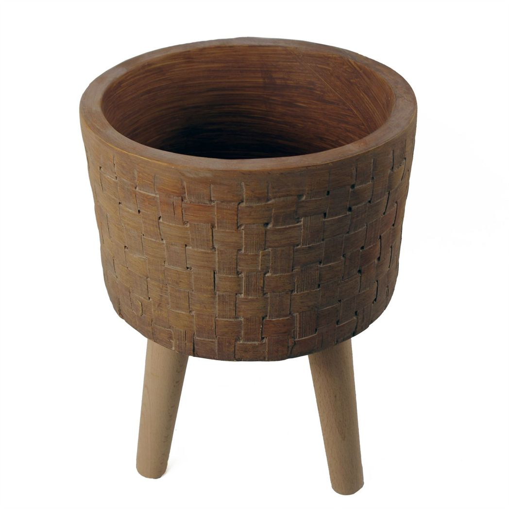 36cm x 25cm Large Tight Weave Effect Composite Planter with Wooden Legs – Indoor Plant Stand
