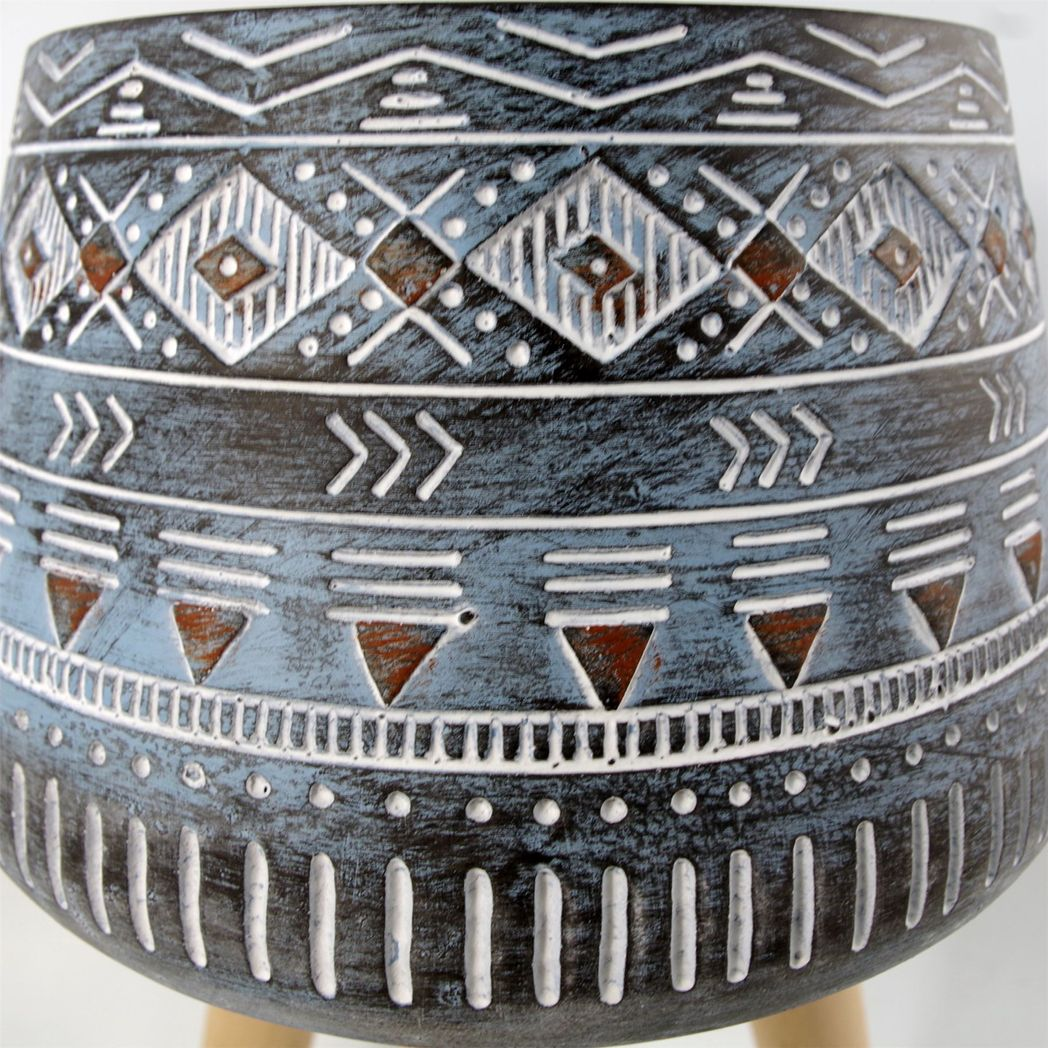 44cm x 26cm Large Aztec Blue Composite Planter with Wooden Legs – Indoor Plant Stand