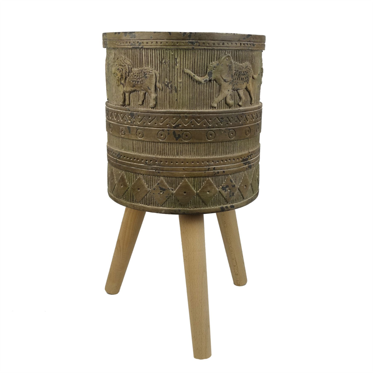 55cm x 29cm Large Jungle Composite Planter with Wooden Legs – Embossed Lion & Elephant