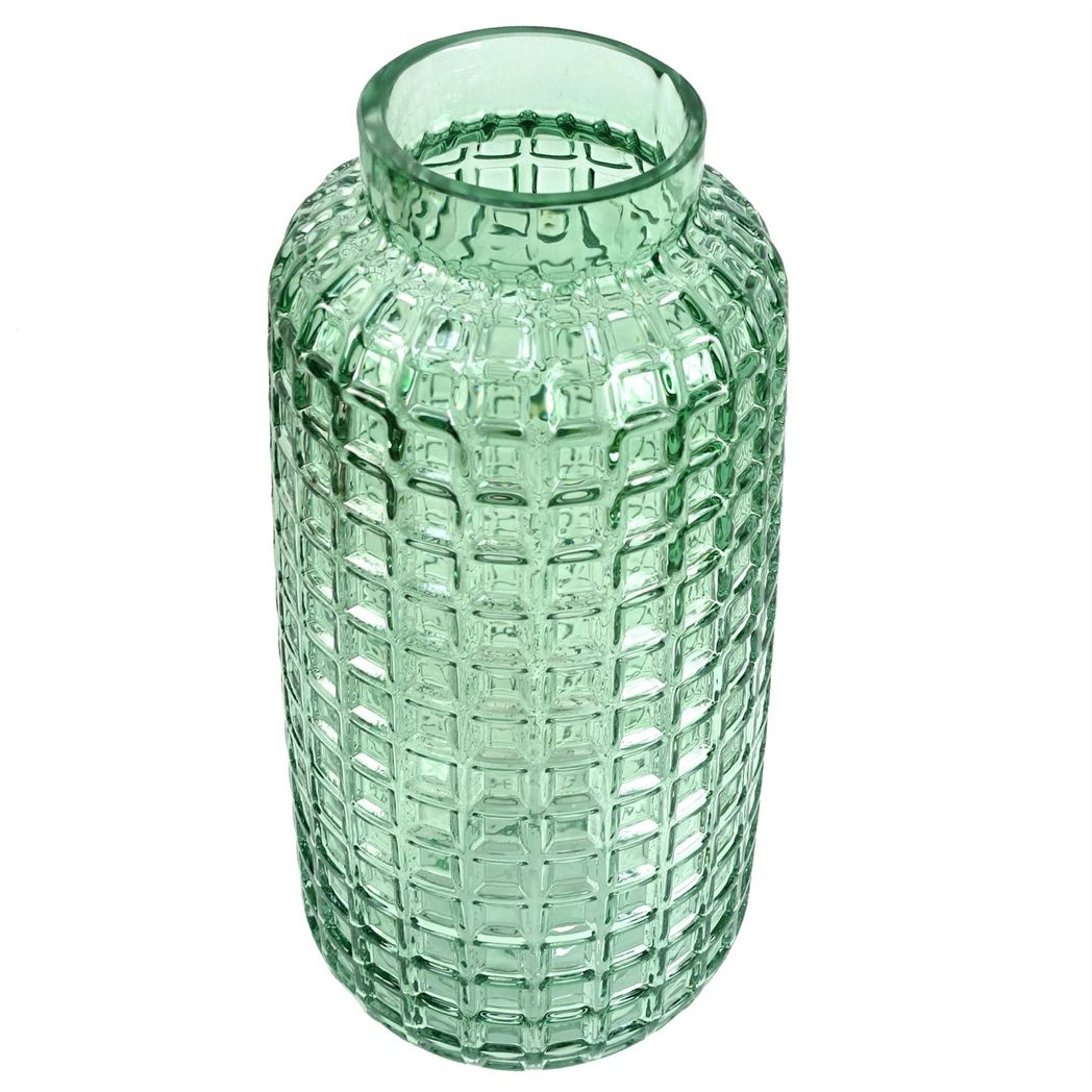 30cm Medium Green Cube Glass Vase – Modern Embossed Glass Vase for Flowers