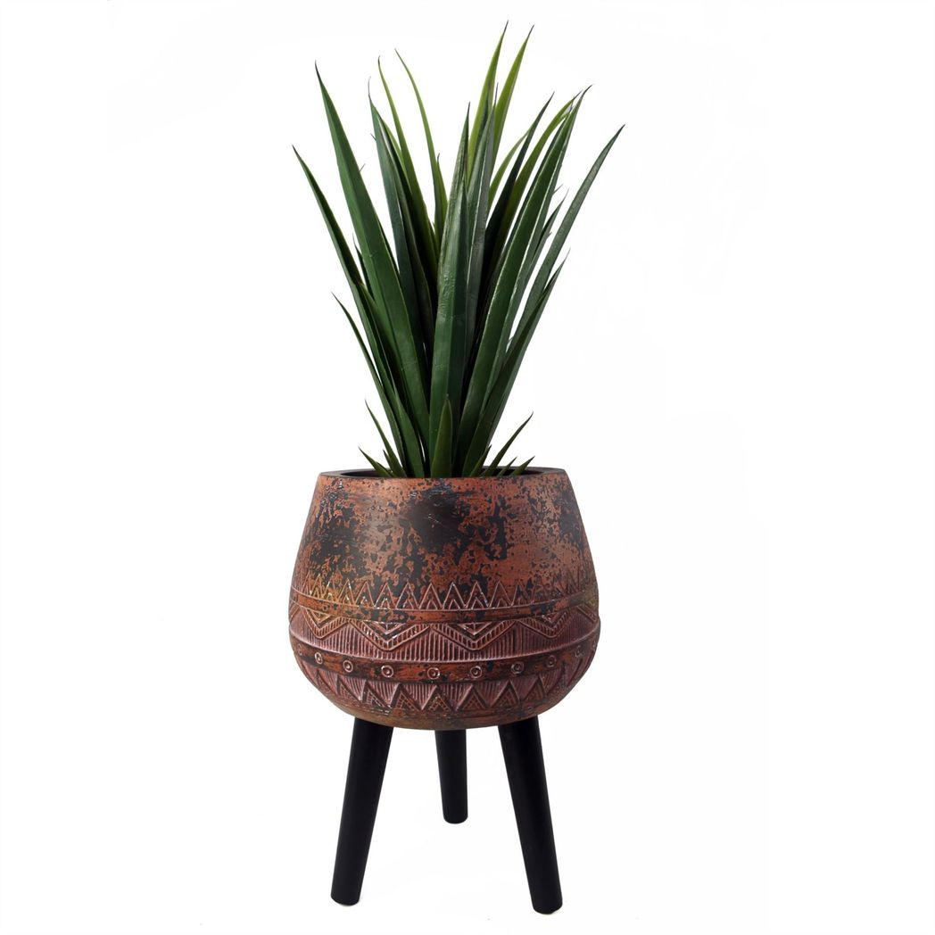 44cm x 30cm Large Zaturn Brown & Black Composite Planter with Wooden Legs – Indoor Plant Stand