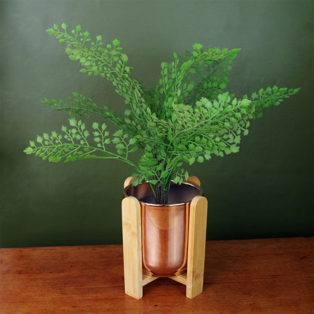 16cm x 15cm Small Gold Ceramic Planter with Bamboo Stand – Modern Indoor Plant Stand