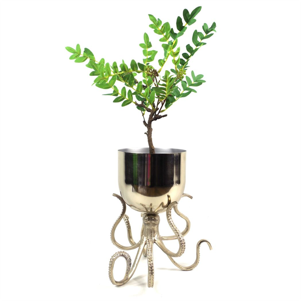 48cm x 28cm Small Silver Metal Octopus Bowl Planter – Decorative Indoor Plant Stand