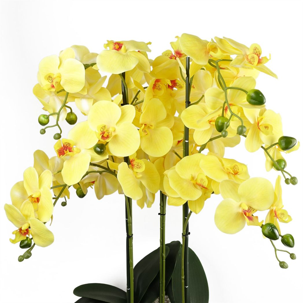 60cm Medium Yellow Artificial Orchid in Black Ceramic Planter – Realistic Elegant Display