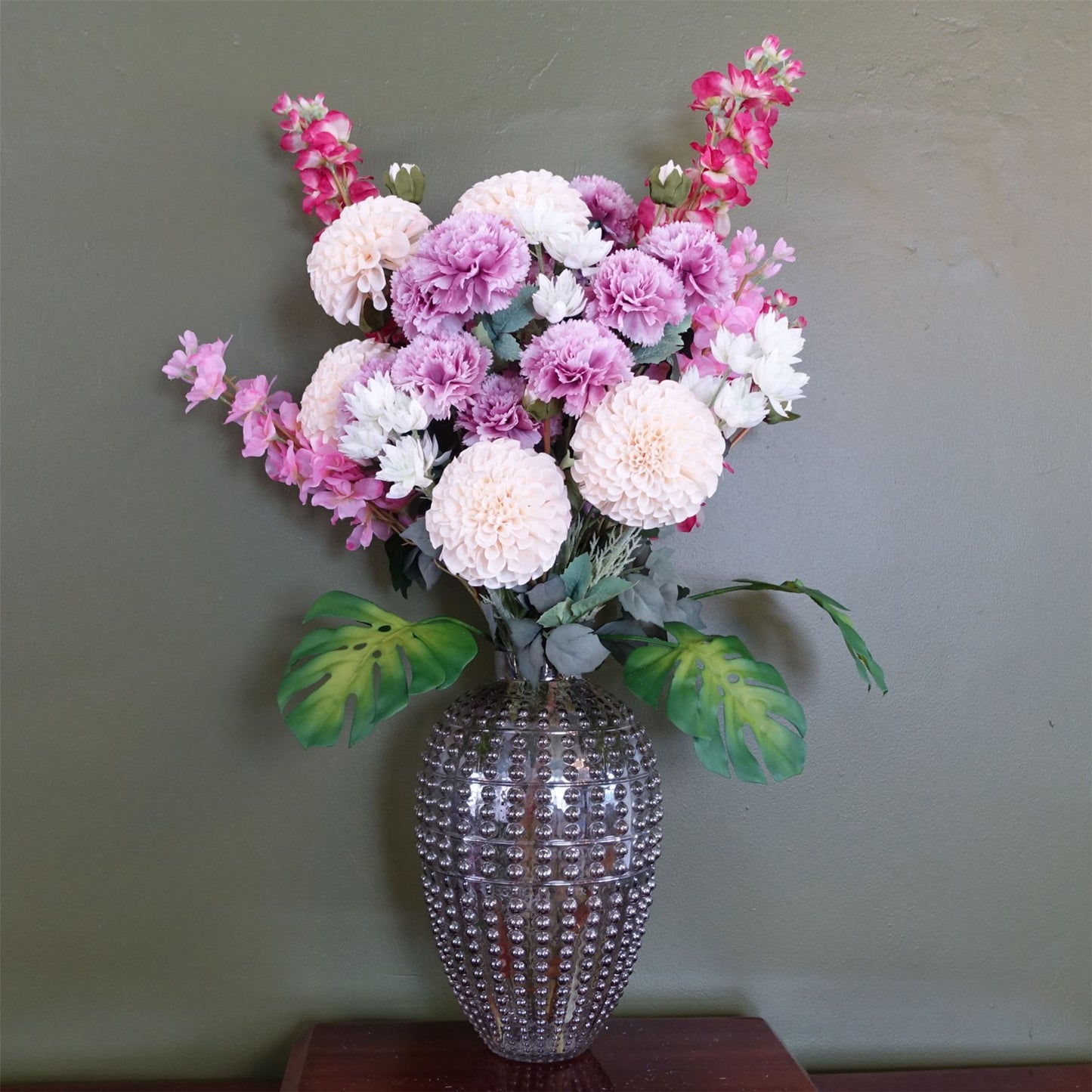 75cm Medium Artificial Dahlia & Tropical Blossom Flower Arrangement in Smoke Grey Bubble Glass Vase