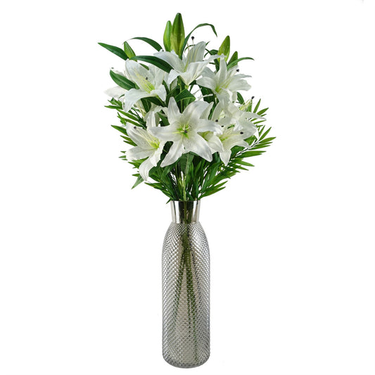 100cm Large Artificial White Lily & Fern Flower Arrangement in Smoke Grey Tall Glass Vase