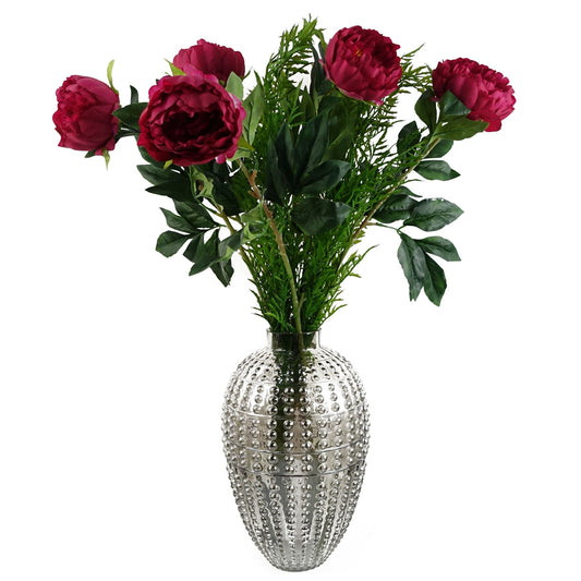 80cm Medium Artificial Dark Pink Peony Flower Arrangement in Smoke Grey Bubble Glass Vase
