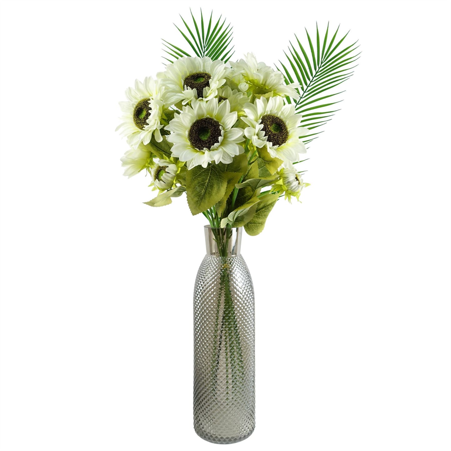 6 x 88cm Medium White Artificial Sunflower Stems – Realistic Faux Sunflowers with 18 Heads