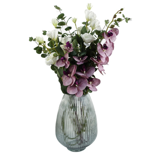 70cm Medium Artificial Purple Orchids & White Roses Arrangement in Smoke Grey Ridged Glass Vase