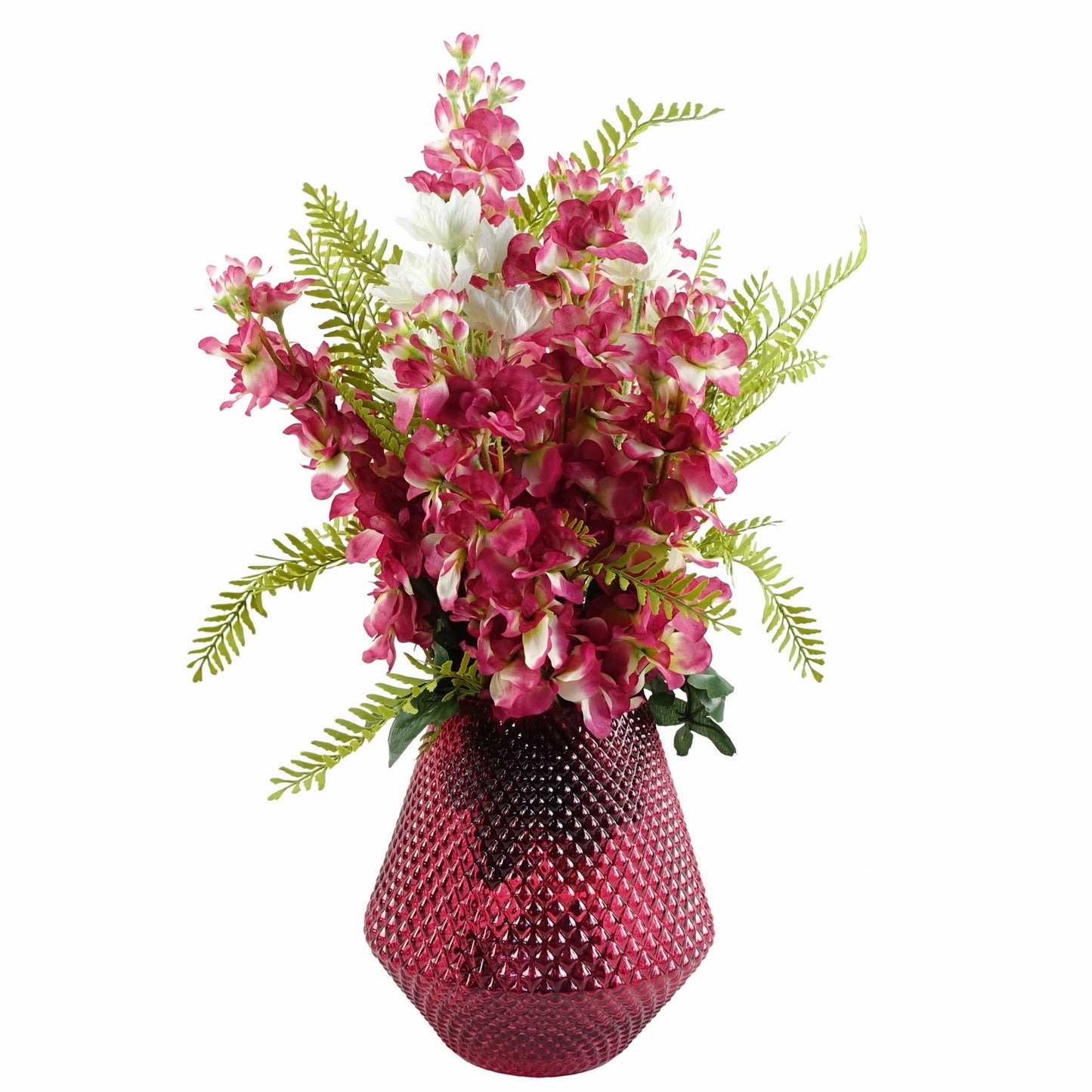 70cm Medium Artificial Dark Pink Delphinium Flower Arrangement in Pink Embossed Glass Vase